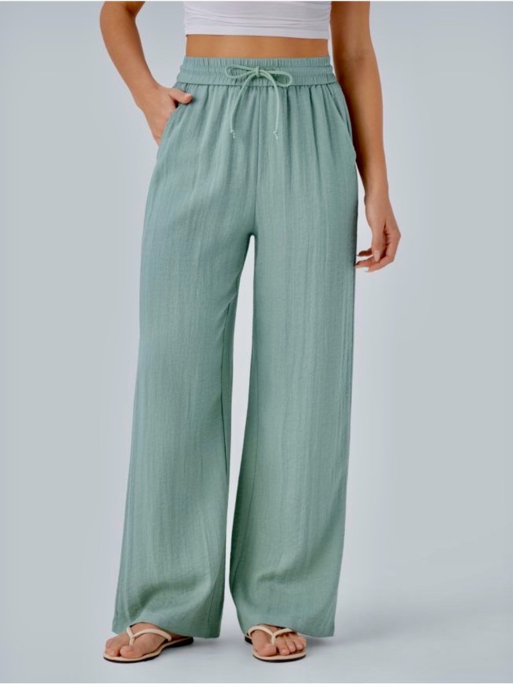 HALARA Relaxed Wide-Leg Drawstring Linen Pants in Ether